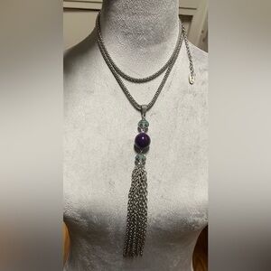 Jules C. Silver tone and Beaded Pendant Necklace EUC